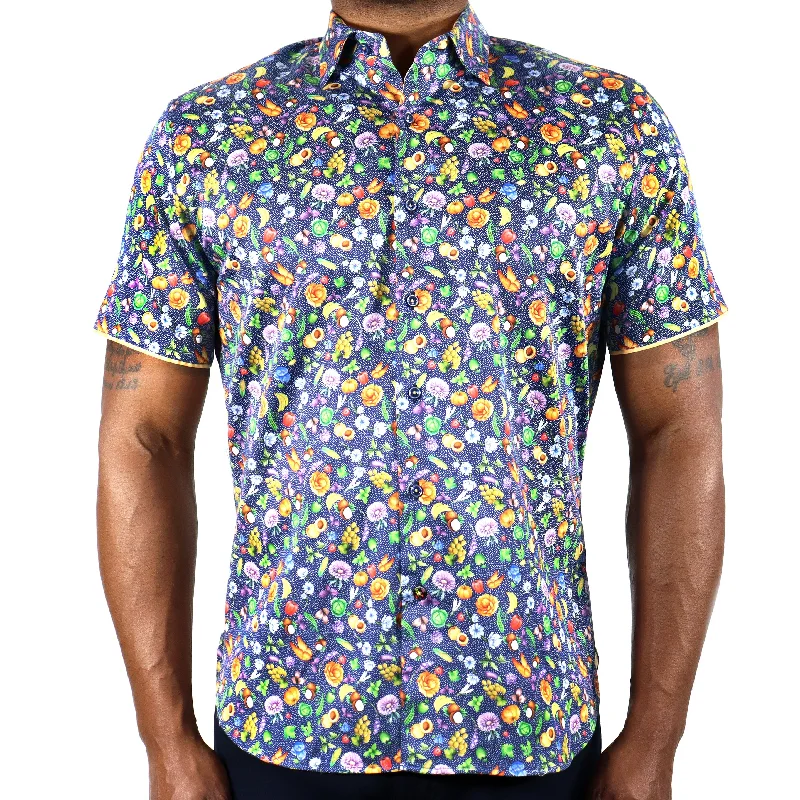 men's holiday-themed shirts -Navy with Flowers, Fruits & Veggies