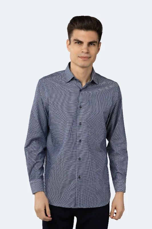 stylish button-up shirts for men -Navy with Grey Check Jacquard Shirt