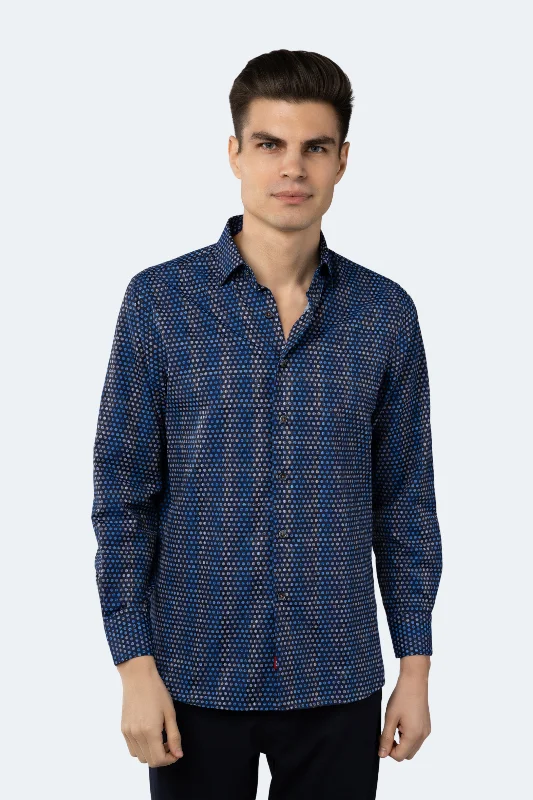 men's business casual shirts -Navy with Multi Blue, Beige and Lilac Circle Shirt