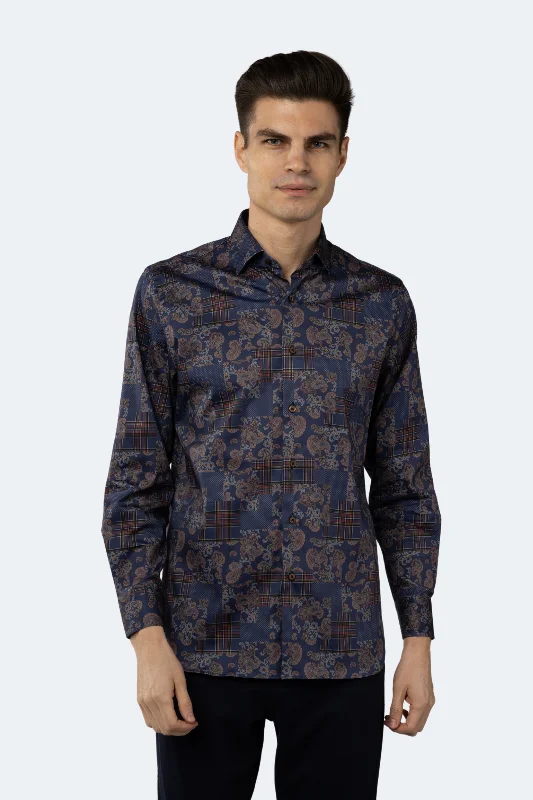 men's easy-care shirts -Navy with Red Plaid Squares Paisley Shirt