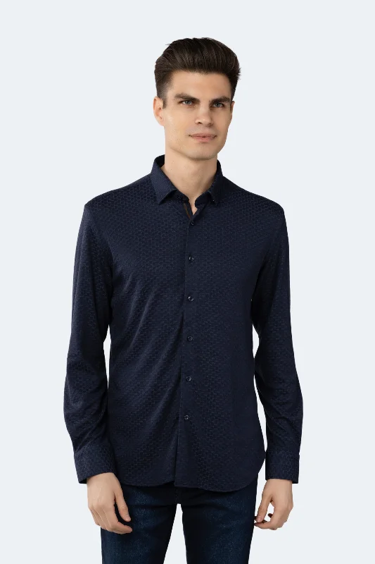 men's white dress shirts -Navy Woven Jacquard Boxed Solid Shirt