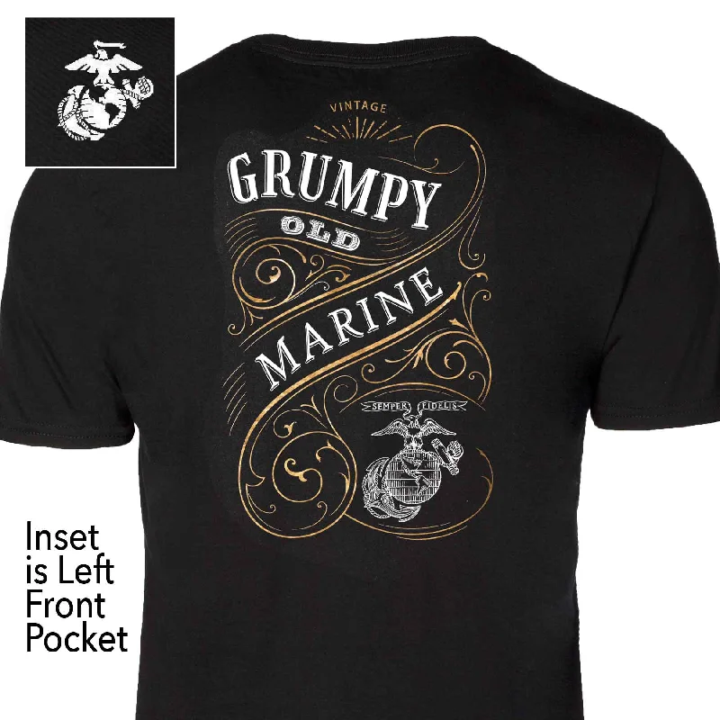 trendy graphic t-shirts -Grumpy Old Marine Vintage EGA Back With Front Pocket T-shirt