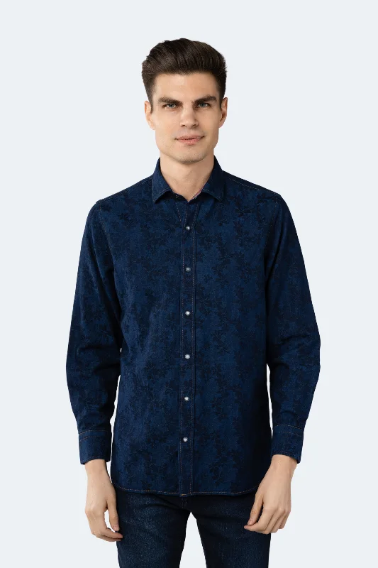 men's work shirts -Royal Blue Denim with Navy Floral Jacquard Shirt