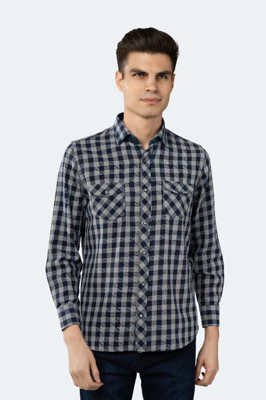 men's checkered plaid shirts -Steel and Navy Plaid Shirt