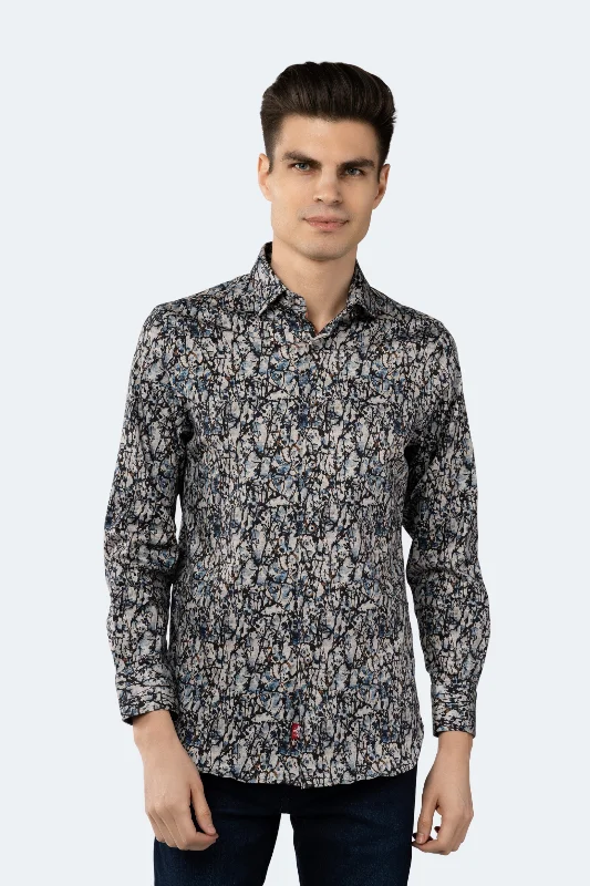 men's high-quality shirts -Stone with Navy, Blue and Brown Splatters and Branches Shirt