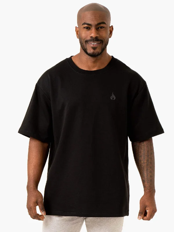 men's summer cotton tees -Throwback Oversized Fleece T-Shirt - Black