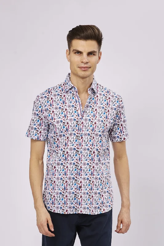 men's classic fit shirts -White with Beach Print Shirt