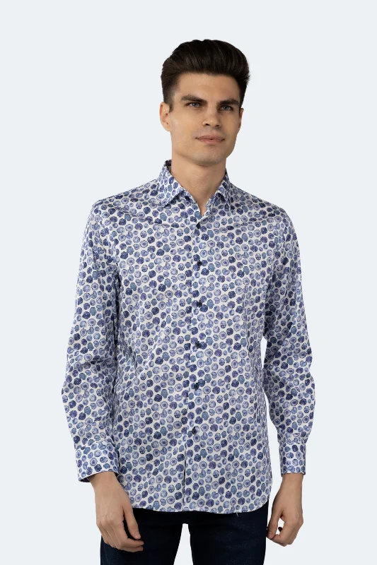 men's casual fit shirts -White with Blue Bark Circular Shirt