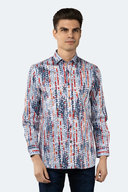 men's slim-fit button-down shirts -White with Teal, Orange, Blush and Navy Print Shirt