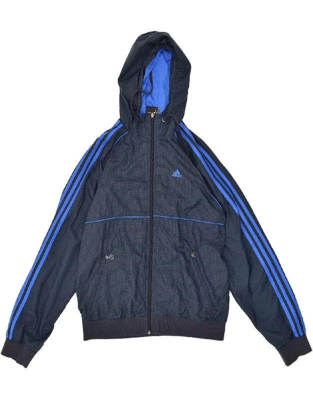 men's outdoor hooded jackets -ADIDAS Mens Hooded Rain Jacket UK 36 Small Navy Blue Check Polyamide