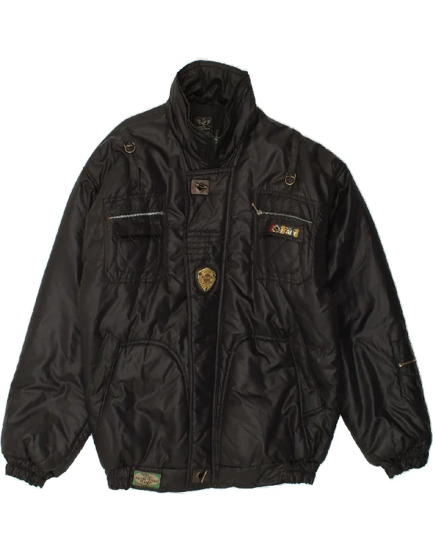 men's rugged jackets -ALASKA Mens Graphic Bomber Jacket UK 44 2XL Black Cotton