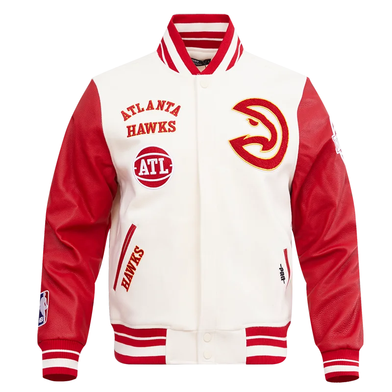 men's stylish puffer jackets -NBA ATLANTA HAWKS RETRO CLASSIC MEN'S RIB WOOL VARSITY JACKET (EGGSHELL/ RED)