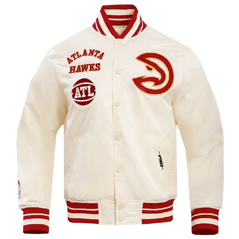 men's jean jackets -NBA ATLANTA HAWKS RETRO CLASSIC MEN'S RIB SATIN JACKET (EGGSHELL/ RED)