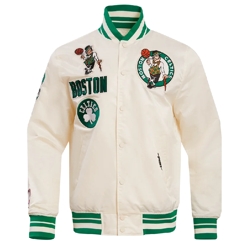 varsity jackets for men -NBA BOSTON CELTICS RETRO CLASSIC MEN'S RIB SATIN JACKET (EGGSHELL/ KELLY GREEN)