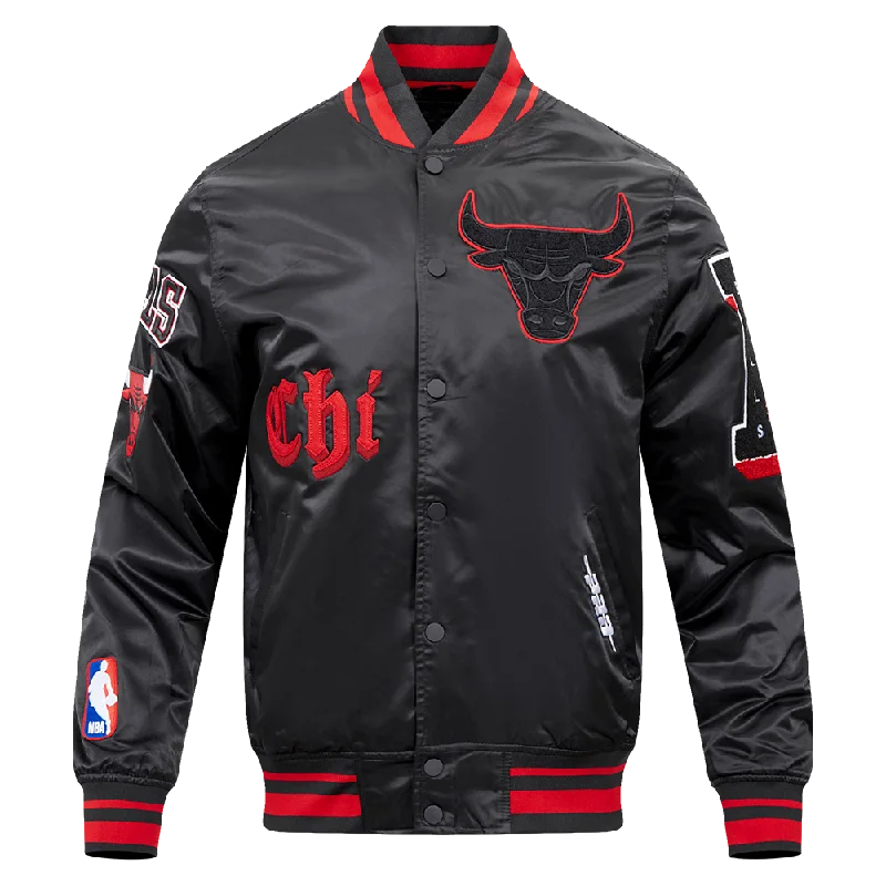 sleek jackets for formal wear -NBA CHICAGO BULLS OLD ENGLISH MEN'S LOGO SATIN JACKET (BLACK/RED/BLACK)