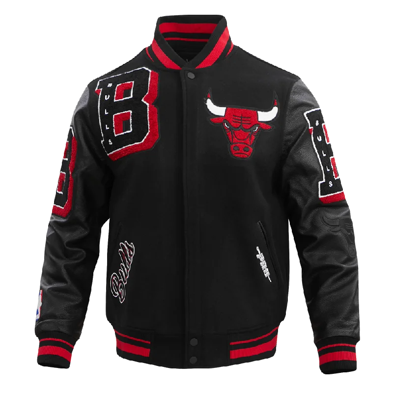 men's hooded jackets -NBA CHICAGO BULLS MASHUP MEN'S RIB WOOL VARSITY JACKET (BLACK/RED/BLACK)