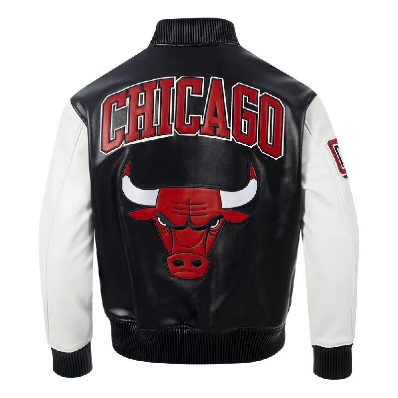 men's sleek jackets -NBA CHICAGO BULLS CITY SIGNATURE MEN'S LEATHER VARSITY JACKET (BLACK/WHITE)