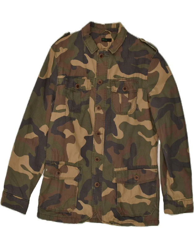 puffer jackets for men -BENETTON Mens Military Jacket IT 50 Large Khaki Camouflage Cotton