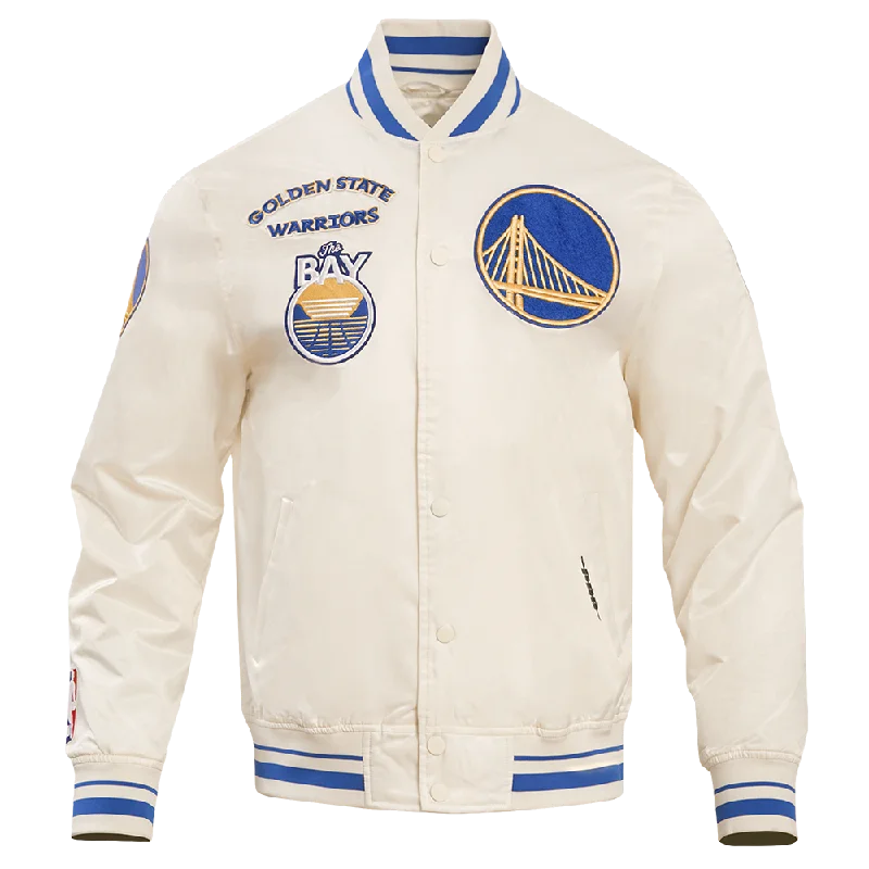 men's parkas for winter -NBA GOLDEN STATE WARRIORS RETRO CLASSIC MEN'S RIB SATIN JACKET (EGGSHELL/ ROYAL BLUE)