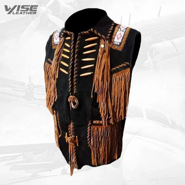 men's winter vests -Black Cowboy Suede Leather Fringes, Bones & Beads Stylish Vest