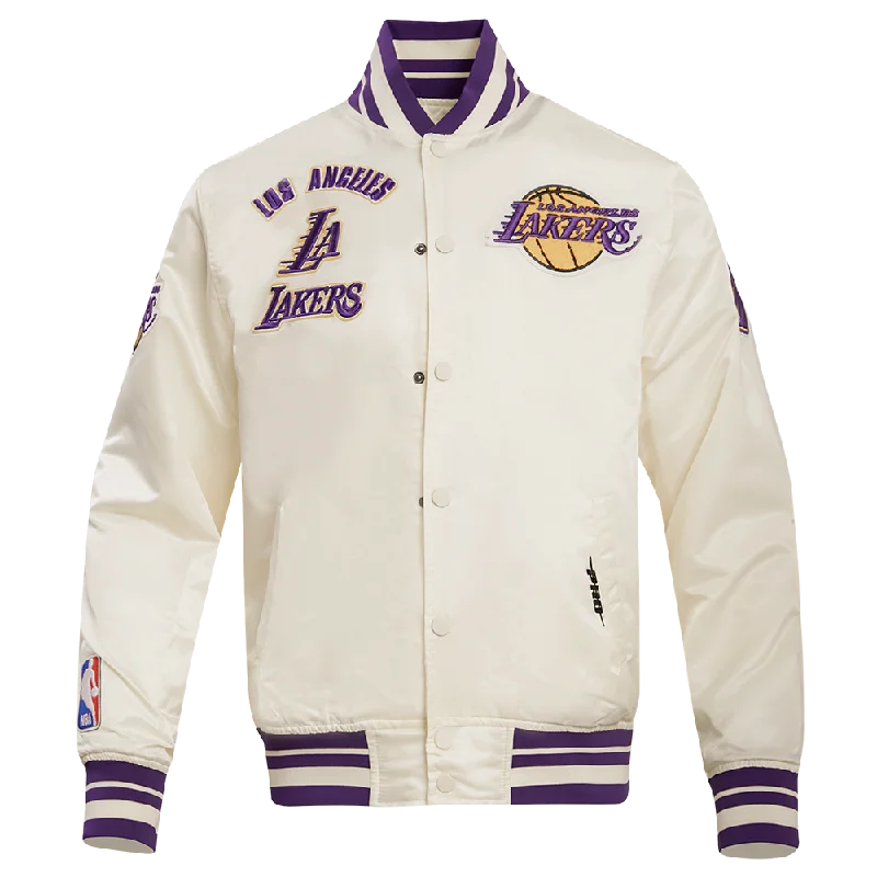 casual jackets for men -NBA LOS ANGELES LAKERS RETRO CLASSIC MEN'S RIB SATIN JACKET (EGGSHELL/ PURPLE)