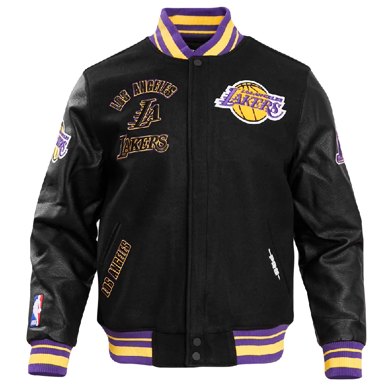 men's breathable jackets -NBA LOS ANGELES LAKERS RETRO CLASSIC MEN'S RIB WOOL VARSITY JACKET (BLACK/PURPLE/YELLOW)