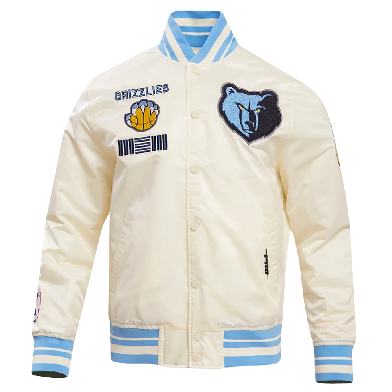 men's breathable jackets -NBA MEMPHIS GRIZZLIES RETRO CLASSIC MEN'S RIB SATIN JACKET (EGGSHELL/UNIVERSAL BLUE)