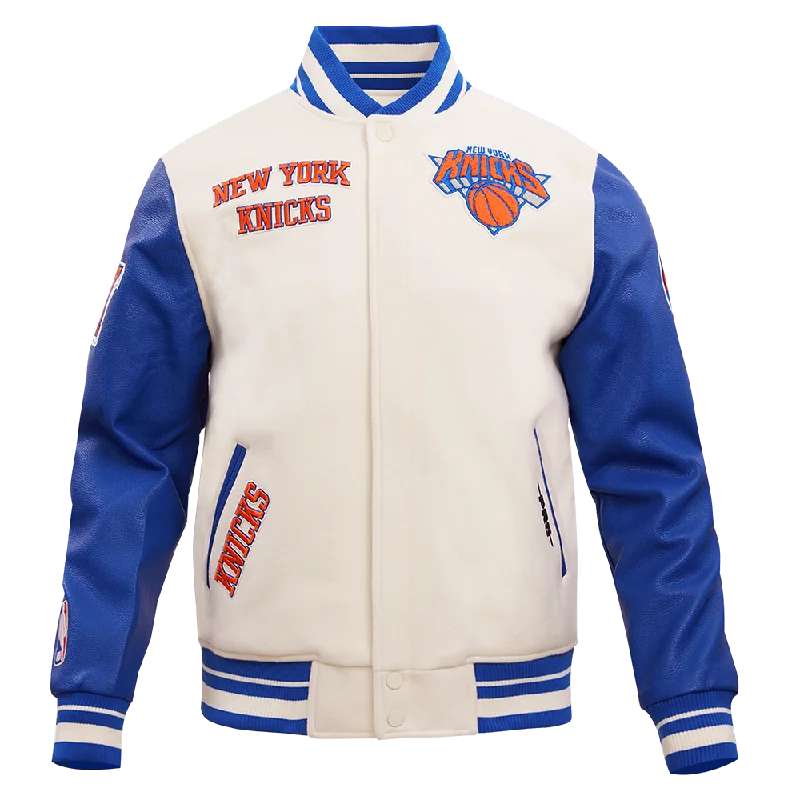 men's military jackets with zippers -NBA NEW YORK KNICKS RETRO CLASSIC MEN'S RIB WOOL VARSITY JACKET (EGGSHELL/ ROYAL BLUE)