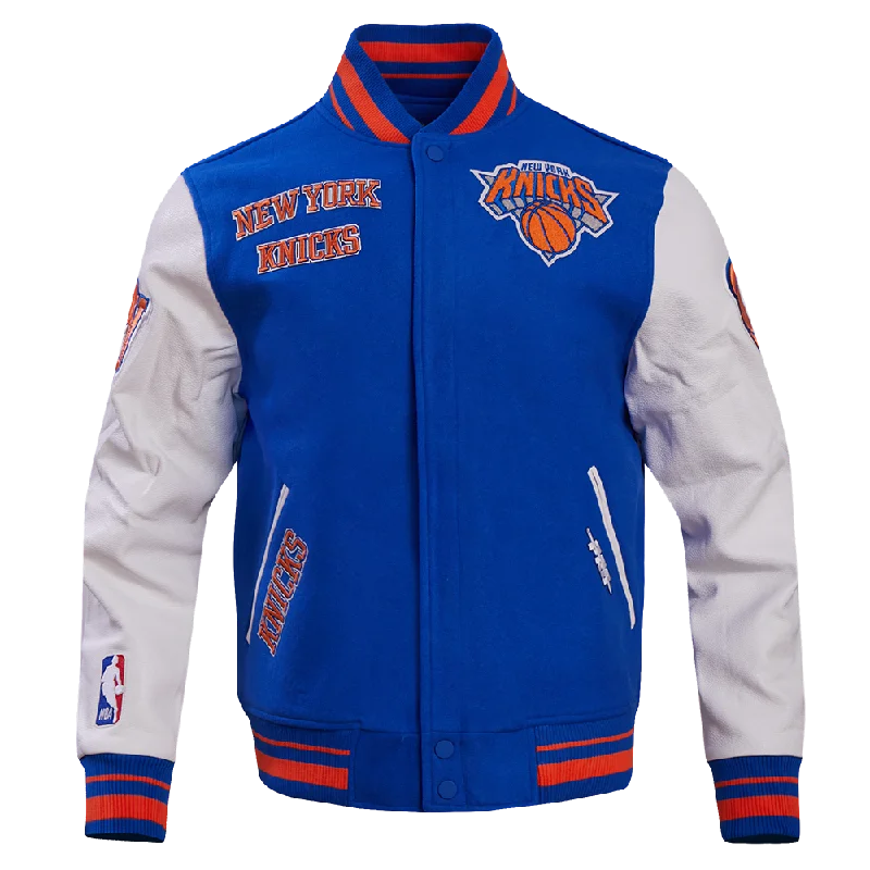 men's wool-blend trench coats -NBA NEW YORK KNICKS RETRO CLASSIC MEN'S RIB WOOL VARSITY JACKET (ROYAL BLUE/ORANGE)