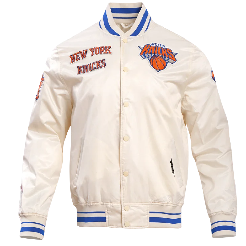 men's versatile jackets -NBA NEW YORK KNICKS RETRO CLASSIC MEN'S RIB SATIN JACKET (EGGSHELL/ ROYAL BLUE)