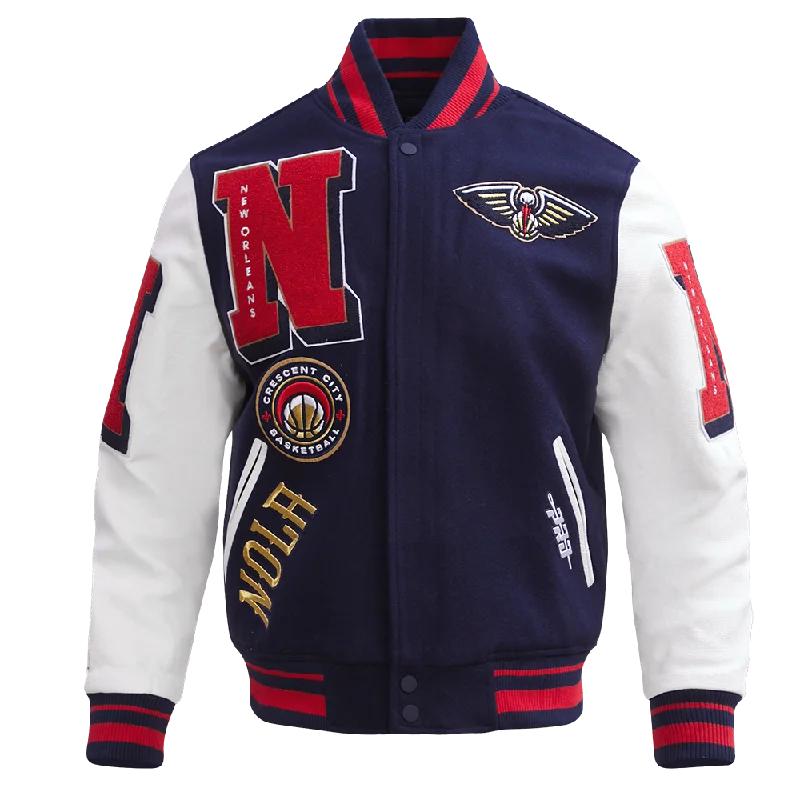 men's parka jackets -NBA NEW ORLEANS PELICANS MASHUP MEN'S RIB WOOL VARSITY JACKET (MIDNIGHT NAVY/RED/MIDNIGHT NAVY)