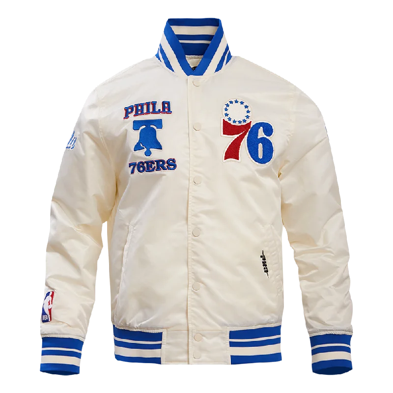 men's military jackets -NBA PHILADELPHIA 76ERS RETRO CLASSIC MEN'S RIB SATIN JACKET (EGGSHELL/ ROYAL BLUE)