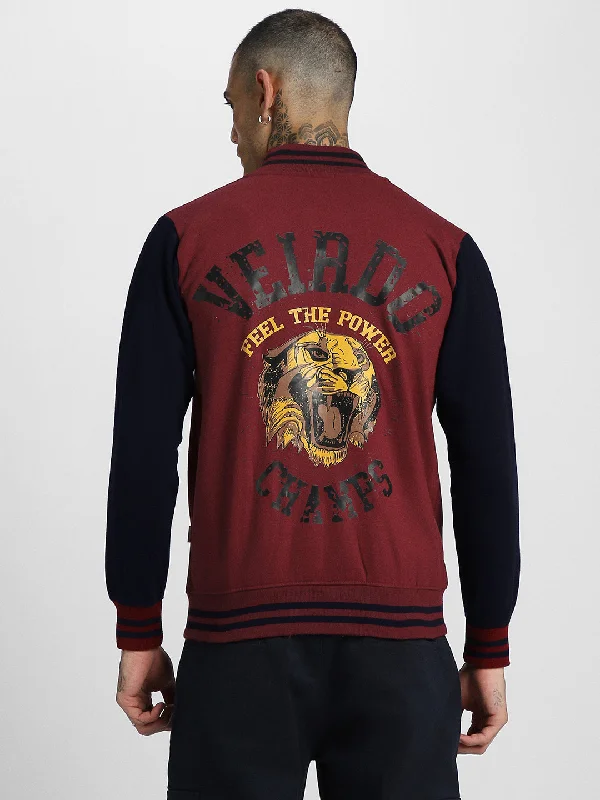 men's fleece-lined zip-up jackets -Veirdo Maroon Back Graphic Printed  Jacket