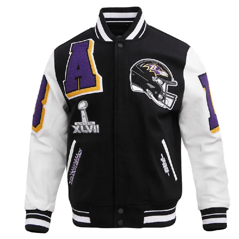 men's cargo jackets -NFL BALTIMORE RAVENS MASHUP MEN'S RIB WOOL VARSITY JACKET (BLACK/WHITE)