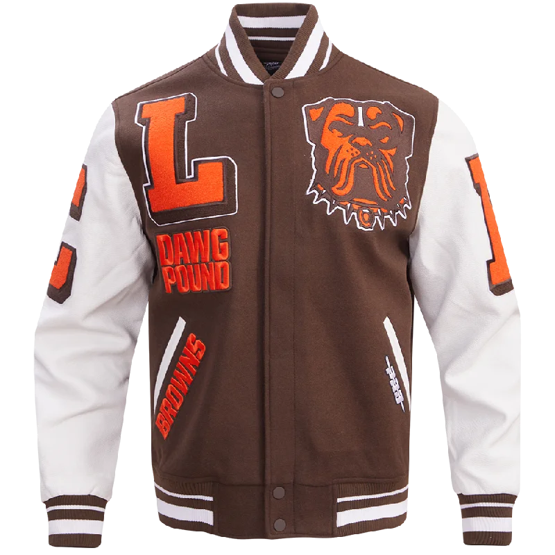 men's rugged jackets -NFL CLEVELAND BROWNS MASHUP MEN'S RIB WOOL VARSITY JACKET (BROWN/WHITE)