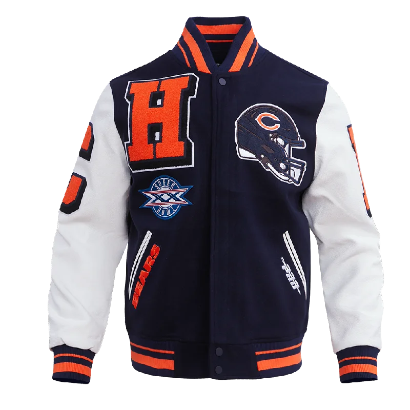 men's windbreakers -NFL CHICAGO BEARS MASHUP MEN'S RIB WOOL VARSITY JACKET (MIDNIGHT NAVY/ORANGE/MIDNIGHT NAVY)