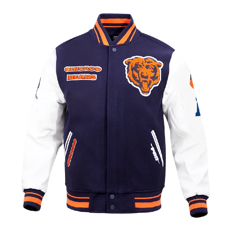 stylish jackets for men -NFL CHICAGO BEARS RETRO CLASSIC MEN'S RIB WOOL VARSITY JACKET (MIDNIGHT NAVY/ORANGE/MIDNIGHT NAVY)