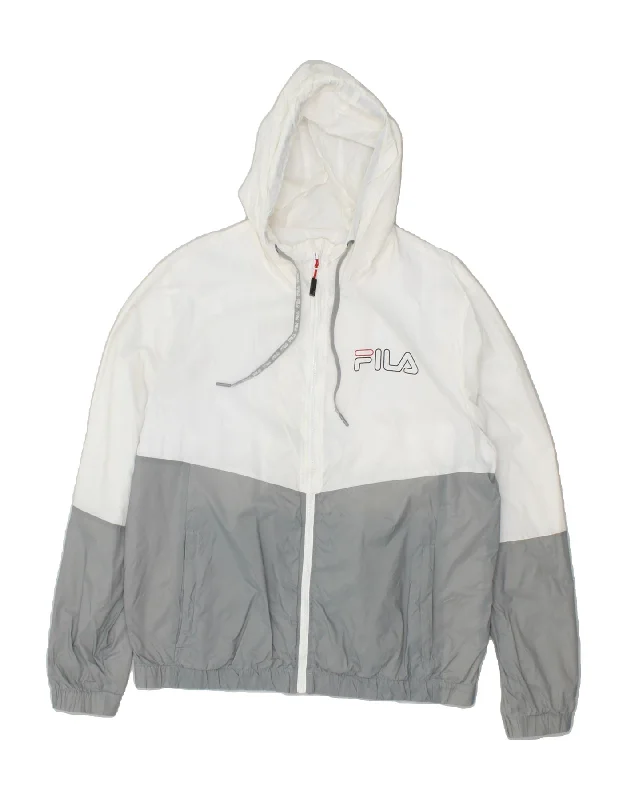 men's leather jackets -FILA Mens Hooded Rain Jacket Large White Colourblock Polyamide