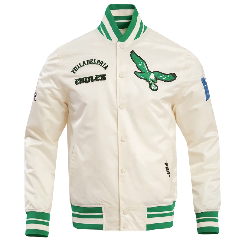 men's jean jackets -NFL PHILADELPHIA EAGLES RETRO CLASSIC MEN'S RIB SATIN JACKET (EGGSHELL/ KELLY GREEN)