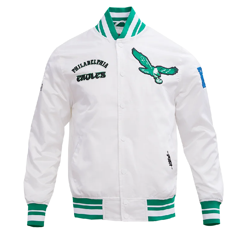 men's jacket coats for autumn -NFL PHILADELPHIA EAGLES RETRO CLASSIC MEN'S RIB SATIN JACKET (WHITE/KELLY GREEN)