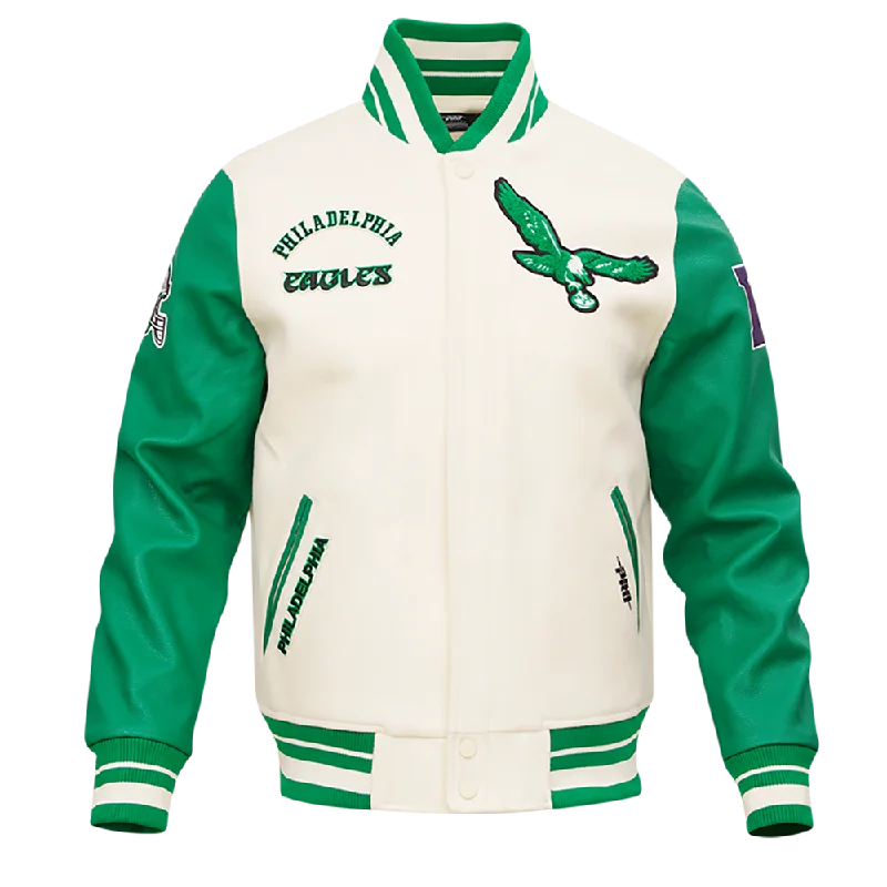 men's tailored jackets -NFL PHILADELPHIA EAGLES RETRO CLASSIC MEN'S RIB WOOL VARSITY JACKET (EGGSHELL/ KELLY GREEN)