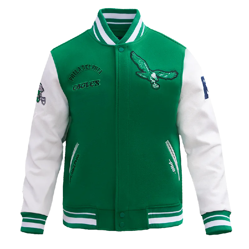 men's field jackets -NFL PHILADELPHIA EAGLES RETRO CLASSIC MEN'S RIB WOOL VARSITY JACKET (KELLY GREEN/ WHITE)