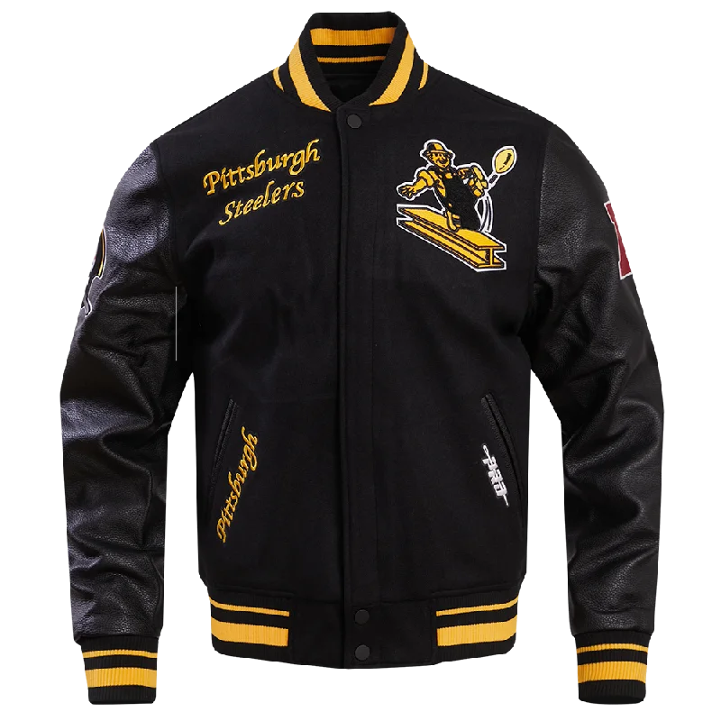 men's double-breasted blazers -NFL PITTSBURGH STEELERS RETRO CLASSIC MEN'S RIB WOOL VARSITY JACKET (BLACK/YELLOW)