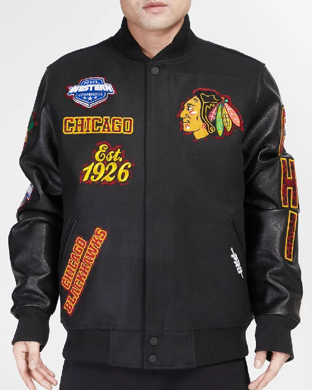 men's versatile jackets -NHL CHICAGO BLACKHAWKS ANIMAL PRINT WOOL VARSITY JACKET (JET BLACK)