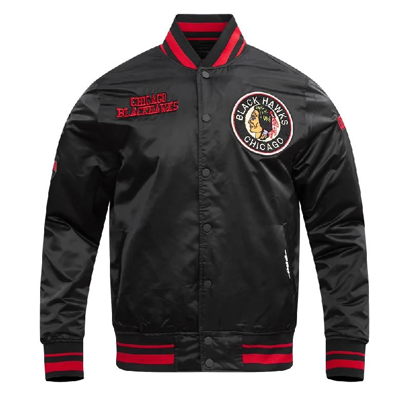 men's cargo jackets -NHL CHICAGO BLACKHAWKS RETRO CLASSIC RIB SATIN JACKET (BLACK/RED/BLACK)