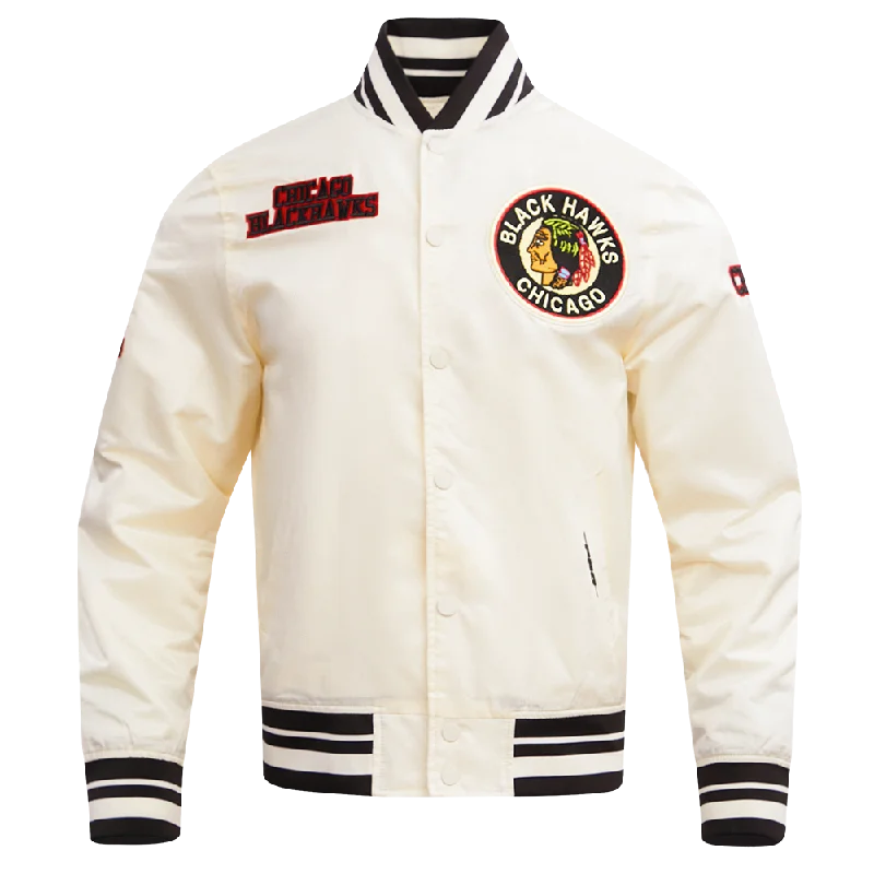 men's zip-up jackets -NHL CHICAGO BLACKHAWKS RETRO CLASSIC RIB SATIN JACKET (EGGSHELL/ BLACK)