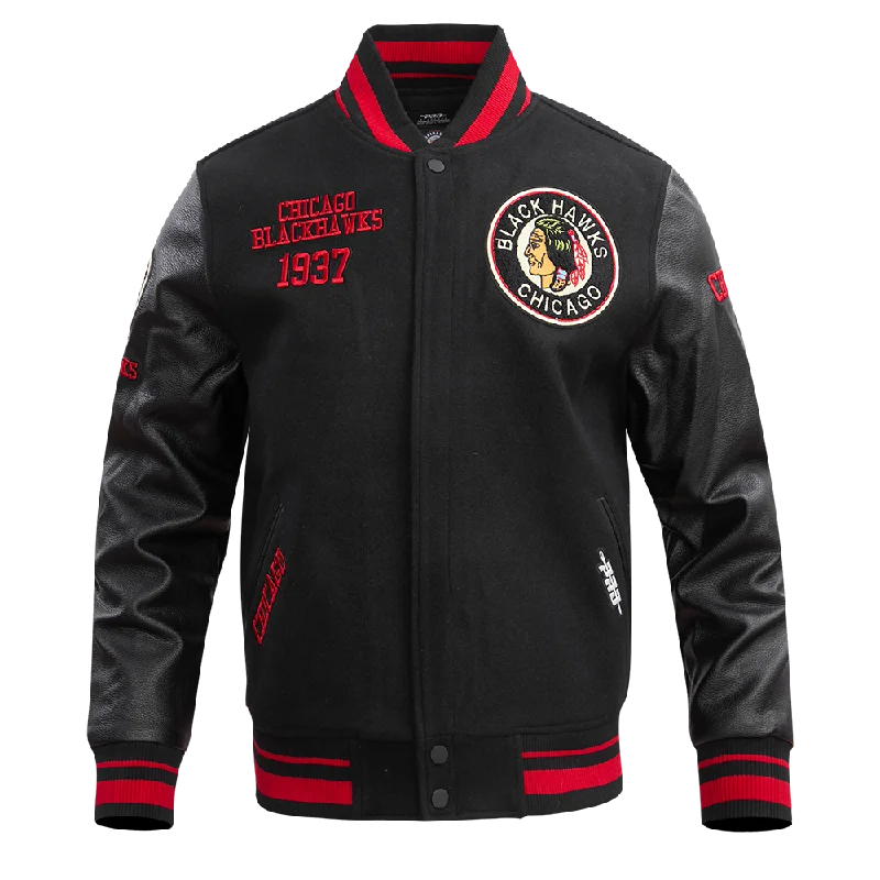 men's bomber jackets -NHL CHICAGO BLACKHAWKS RETRO CLASSIC MEN'S RIB WOOL VARSITY JACKET (BLACK/RED/BLACK)