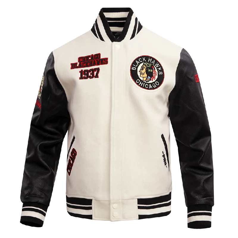 men's fleece-lined jackets -NHL CHICAGO BLACKHAWKS RETRO CLASSIC MEN'S RIB WOOL VARSITY JACKET (EGGSHELL/ BLACK)