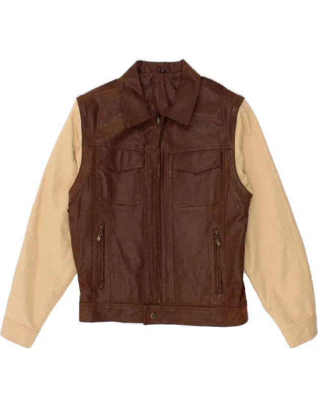 men's jacket coats for autumn -HENRY MORELL Mens Bomber Jacket IT 46 Small Brown Colourblock Leather