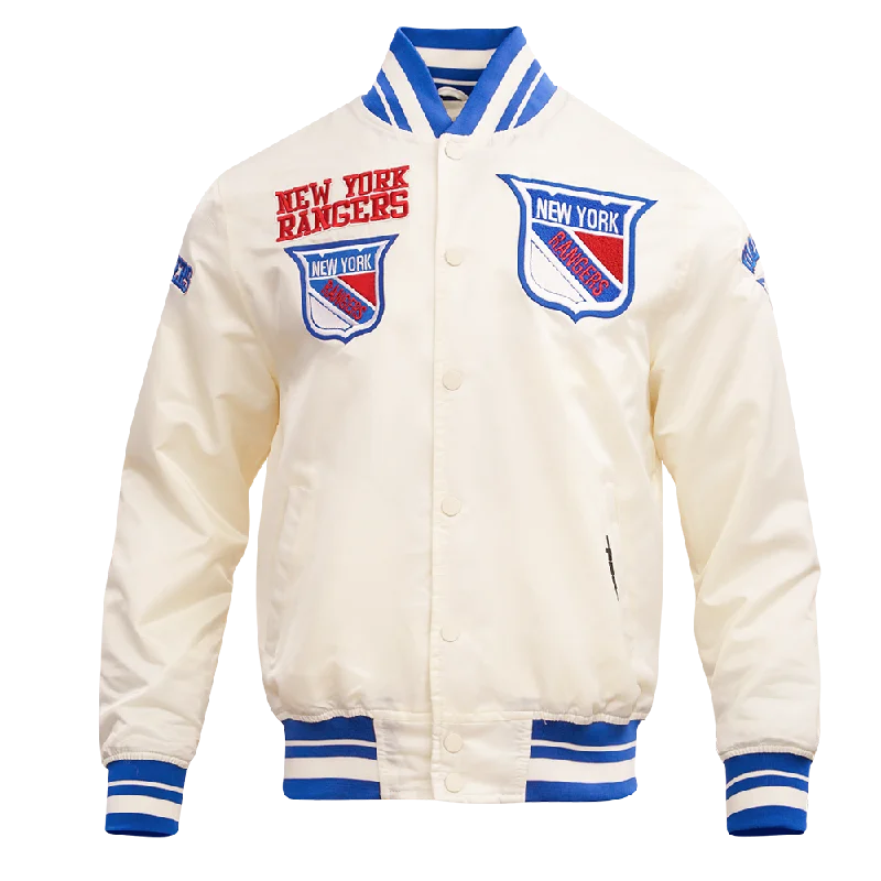 men's windbreakers -NHL NEW YORK RANGERS RETRO CLASSIC MEN'S RIB SATIN JACKET (EGGSHELL/ROYAL BLUE)